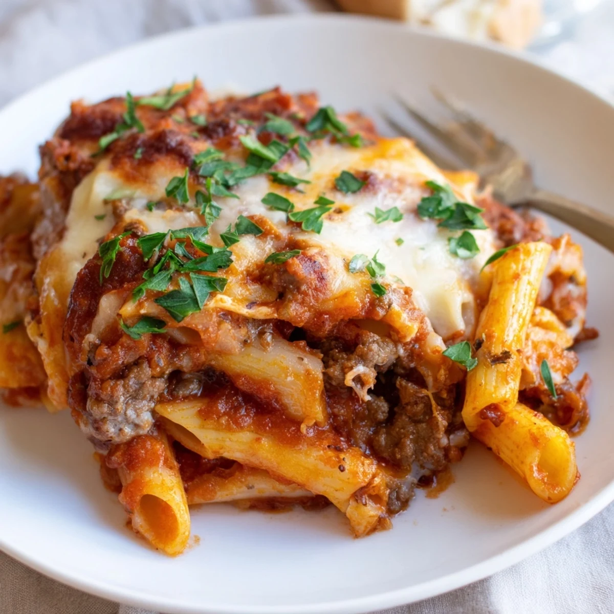 Baked Ziti with Italian Sausage bubbling with golden cheese and rich tomato sauce layers.  
