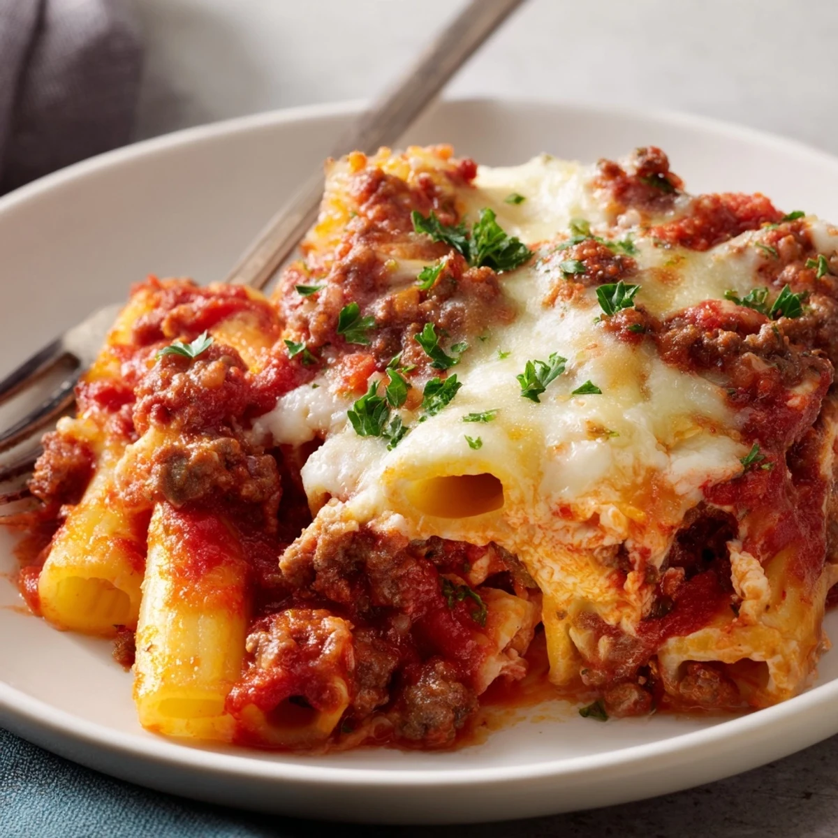 Comforting Baked Ziti with Italian Sausage topped with melted mozzarella and savory herbs.  
