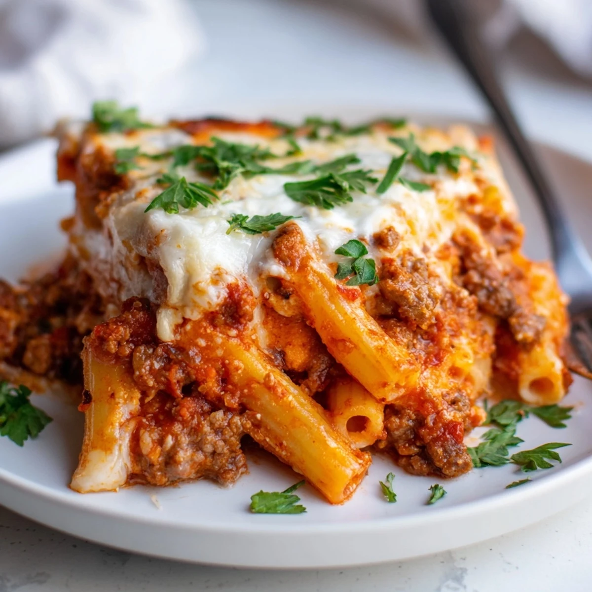 Deliciously layered Baked Ziti with Italian Sausage, bursting with flavor in every bite.