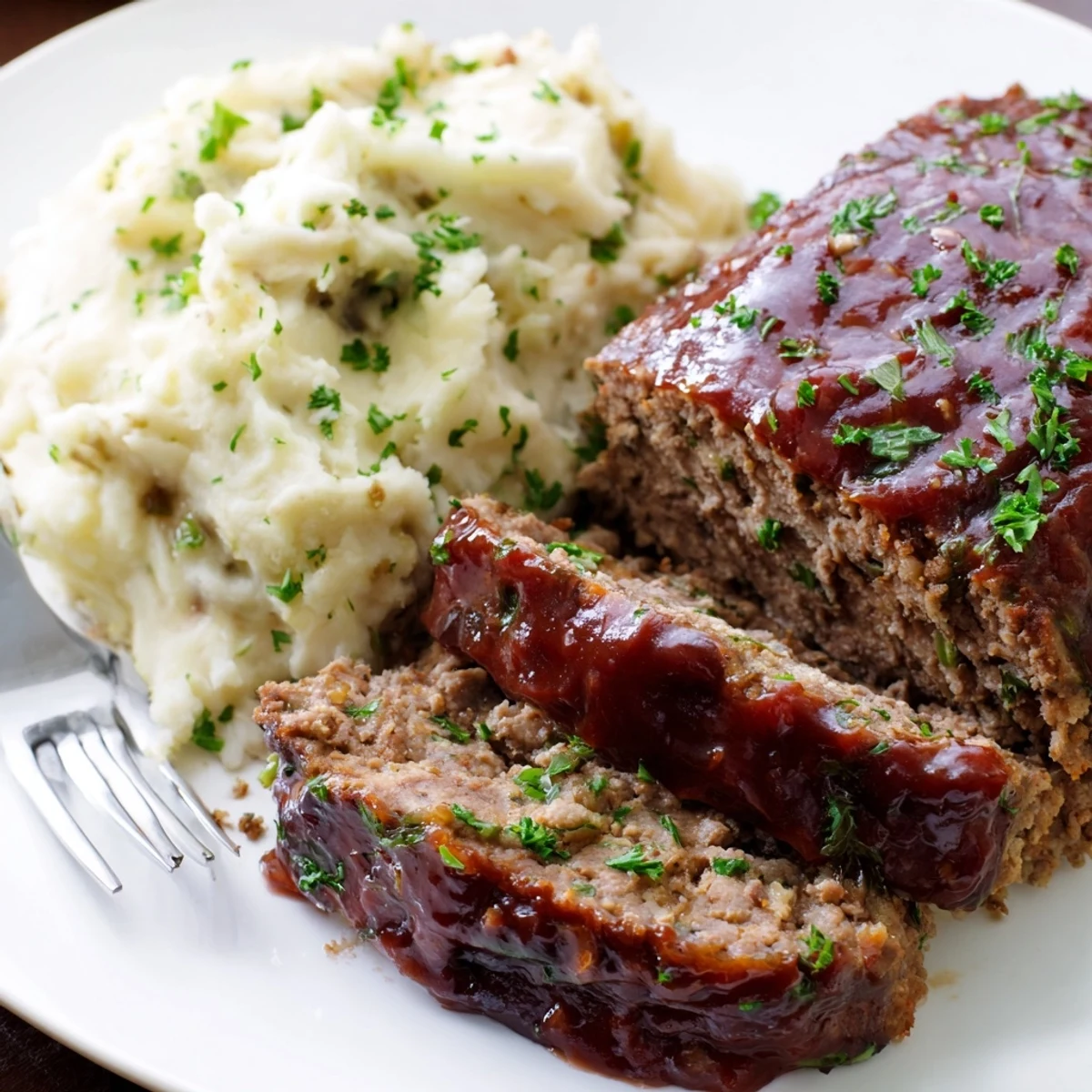 A delicious slice of classic meatloaf with creamy mashed potatoes, perfect for dinner.  