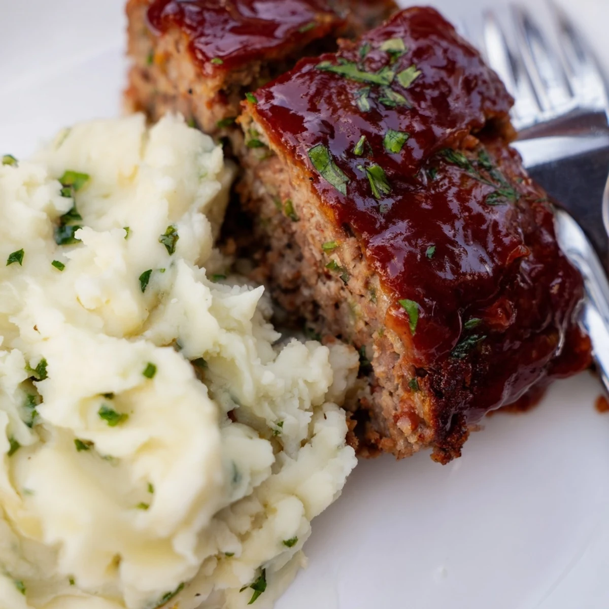 Tender meatloaf smothered in ketchup glaze alongside fluffy mashed potatoes and chives.  