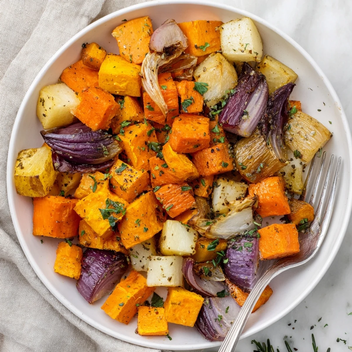 A beautifully roasted root vegetable medley with vibrant colors and herbs.  