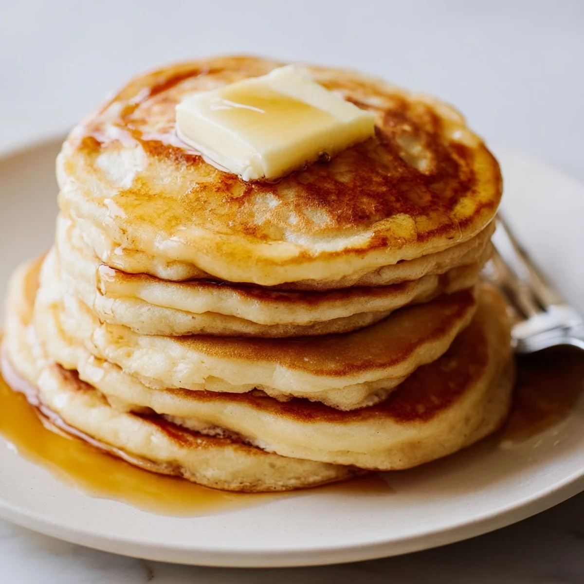 Fluffy buttermilk pancakes stacked high, drizzled with warm maple syrup and butter.  