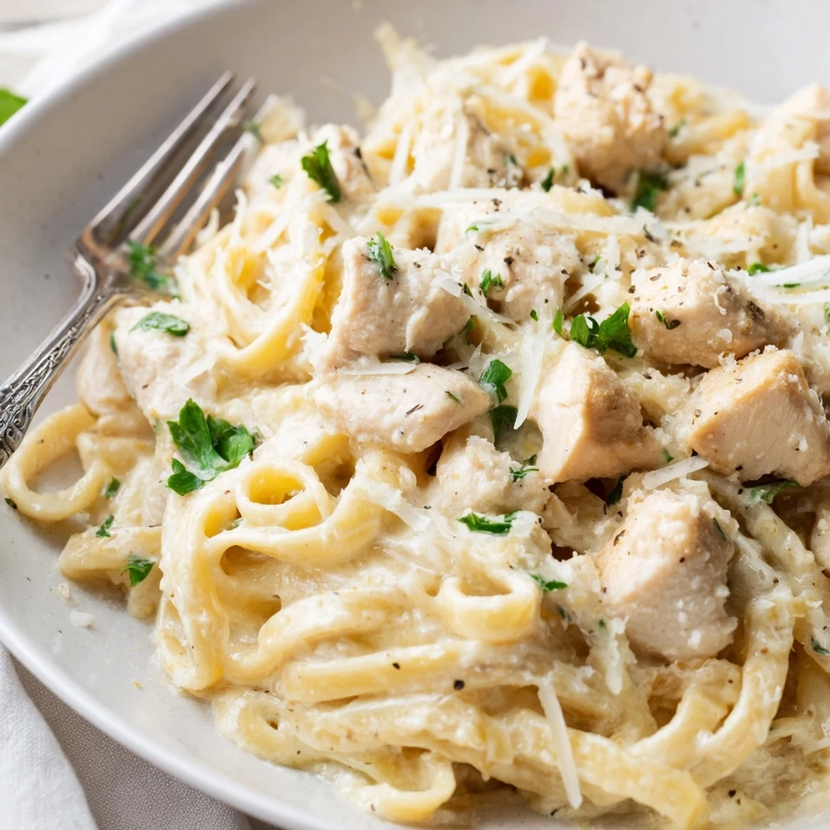 Creamy One-Pot Chicken Alfredo with luscious sauce, tender chicken, and flavorful fettuccine.