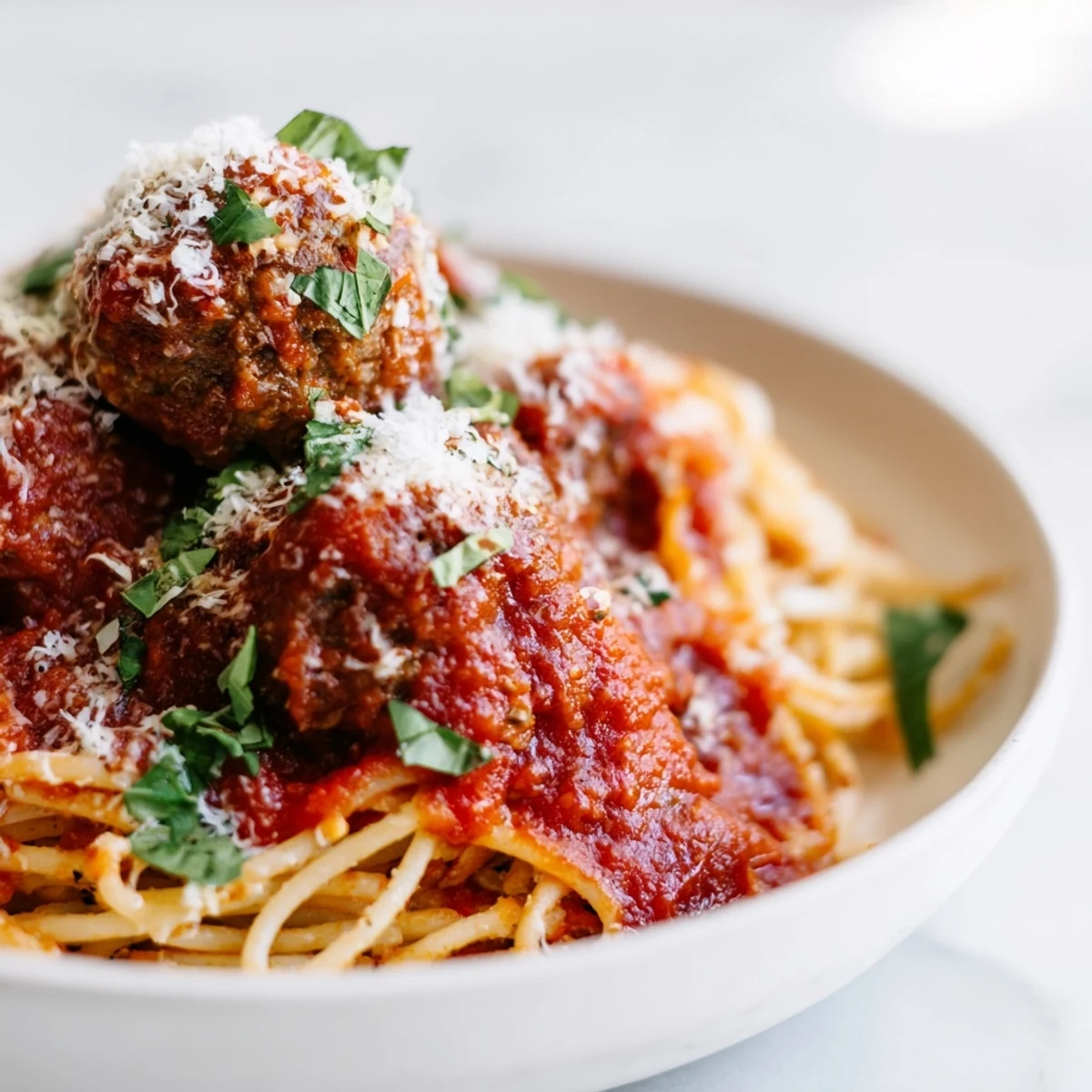Comforting spaghetti and meatballs, garnished with Parmesan and fresh parsley.