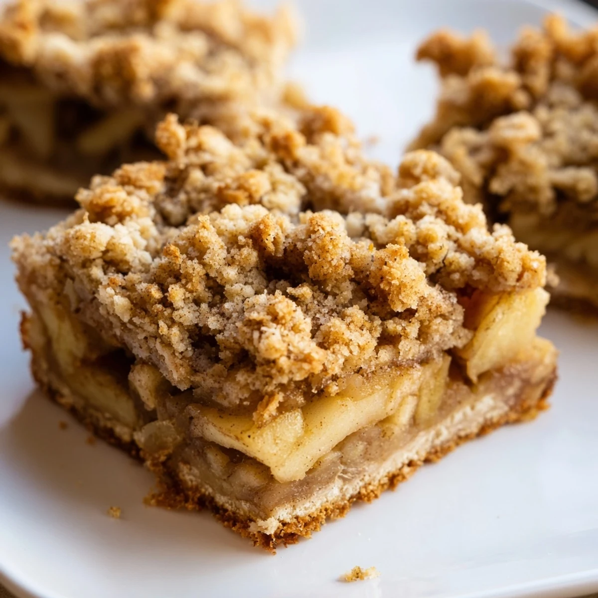 Warm apple crumble bars with buttery crust, perfect for afternoon coffee delight.  