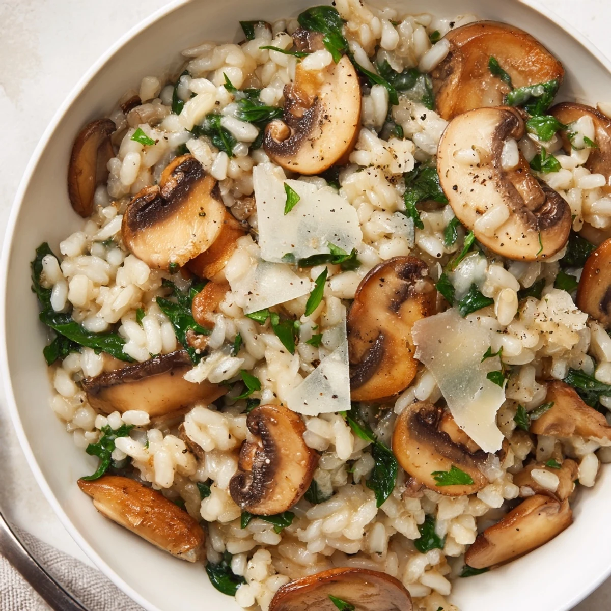 Creamy One-Pot Mushroom and Spinach Risotto with melted Parmesan and vibrant greens.