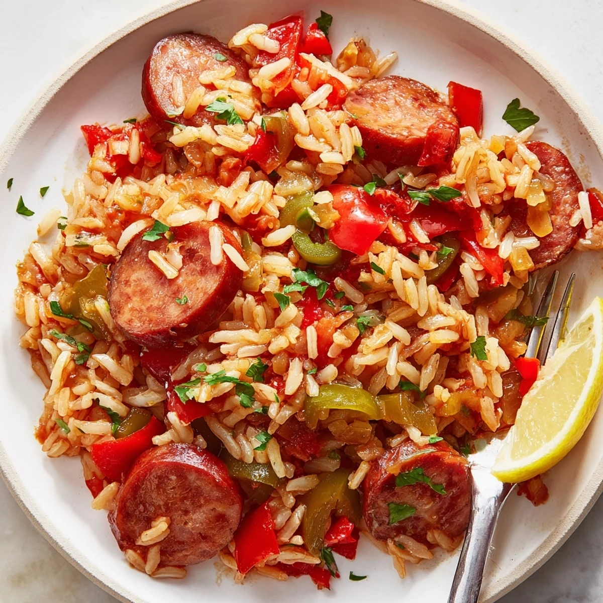 A delightful bowl of One-Pot Spicy Sausage and Rice garnished with fresh parsley and lemon.  