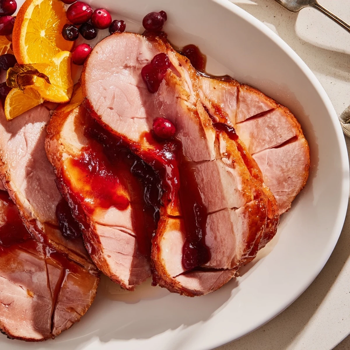Succulent Cranberry Orange Glazed Ham glistening under a sweet-tart glaze for holidays.