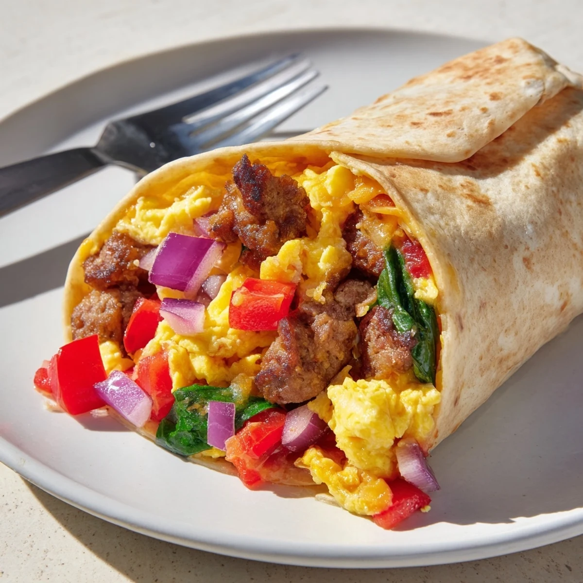 Sizzling Easy Breakfast Burrito with sausage, eggs, and fresh veggies on a plate.  