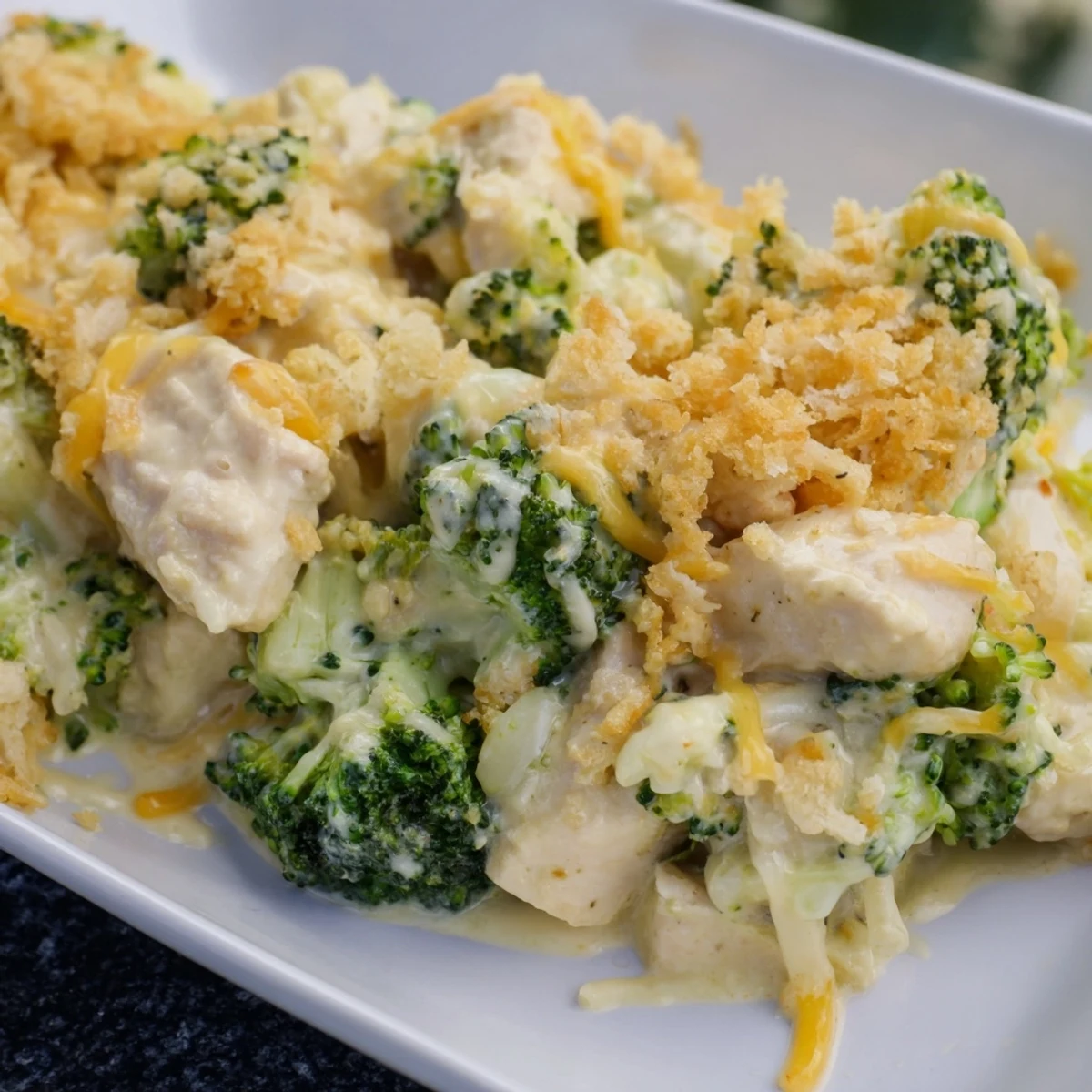 A close-up of a bubbling Chicken & Broccoli Cheddar Bake with melted cheese and fresh broccoli.