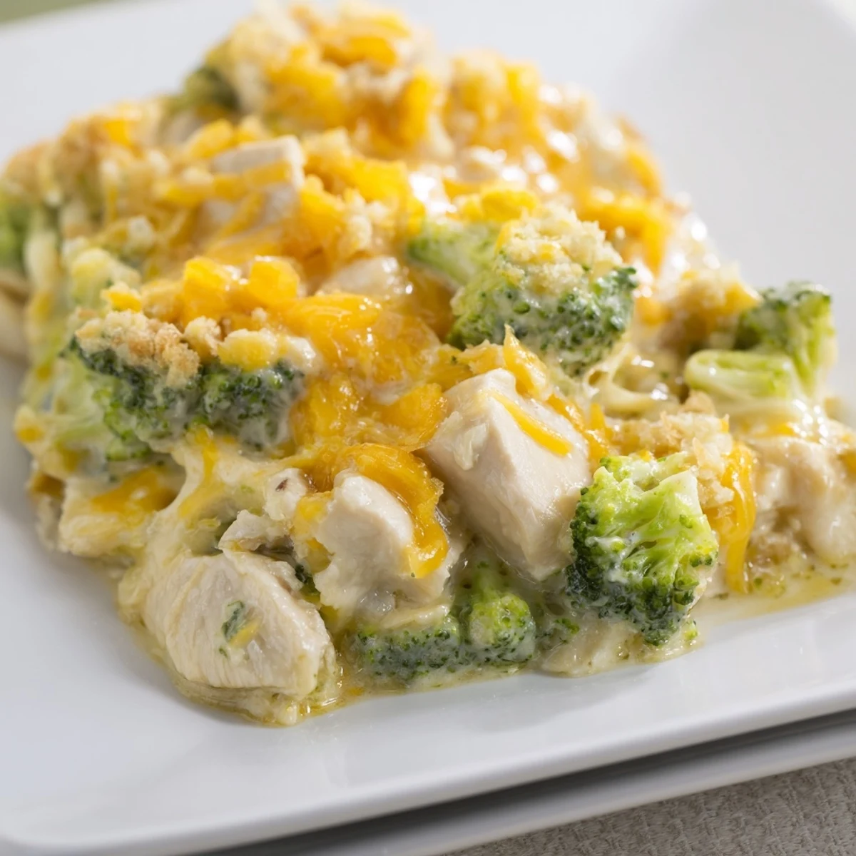 Golden, cheesy topping of baked Chicken & Broccoli Cheddar, a comforting family favorite casserole.