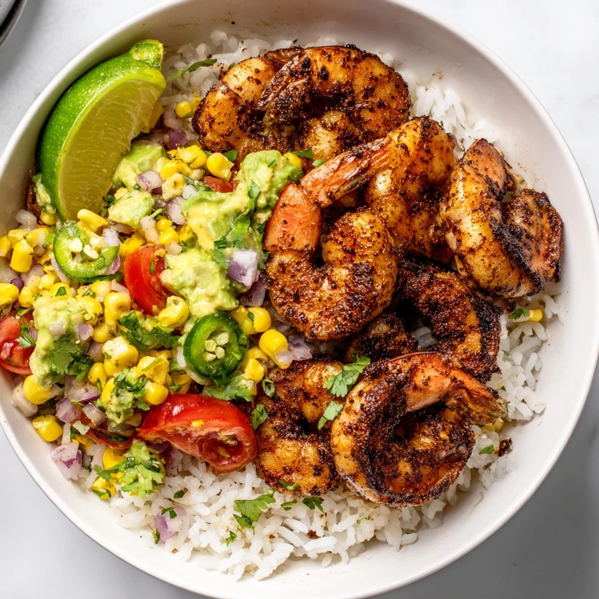 Imagine a hearty Blackened Shrimp Bowl, with hints of spice alongside fresh corn and lime.