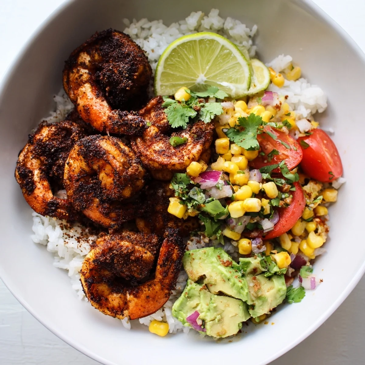 This image shows delicious Blackened Shrimp Bowl, piled high with creamy avocado salsa and cilantro.