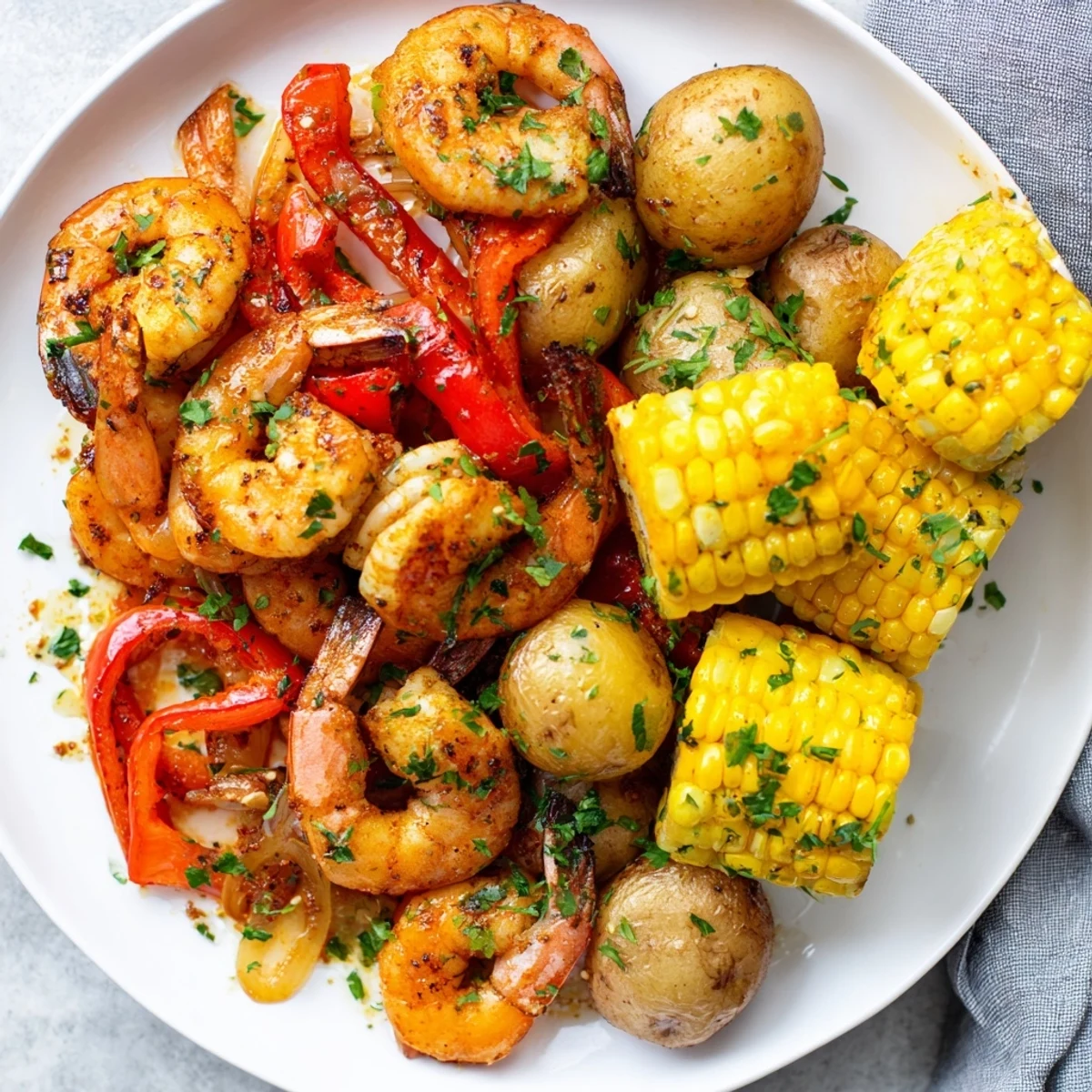 Delicious Cajun Shrimp & Sweet Corn Platter with roasted potatoes, offering a flavorful summer meal.