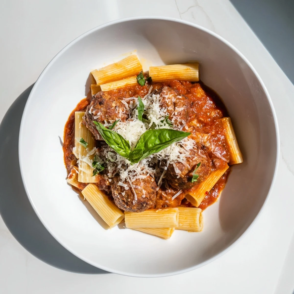 A steaming skillet of Italian Meatball Pasta, bubbly cheese, and savory meatballs.