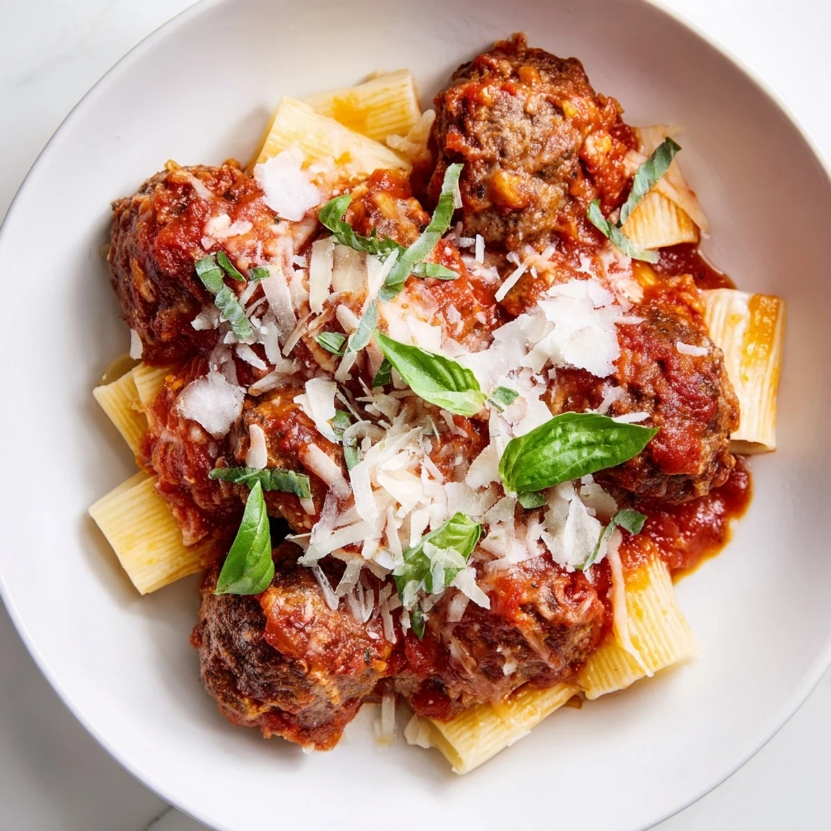 Close-up of a rustic, one-pan Italian Meatball Pasta Skillet, ready for a comforting meal.