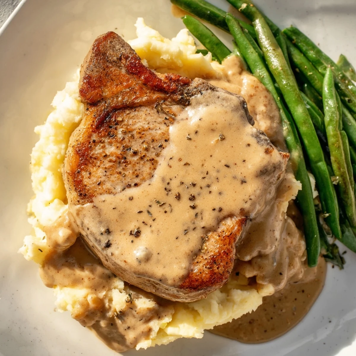 Tender, golden-brown pork chops nestled on creamy cheddar mash in this comforting Pork Chops & Cheddar Mash Bowl.