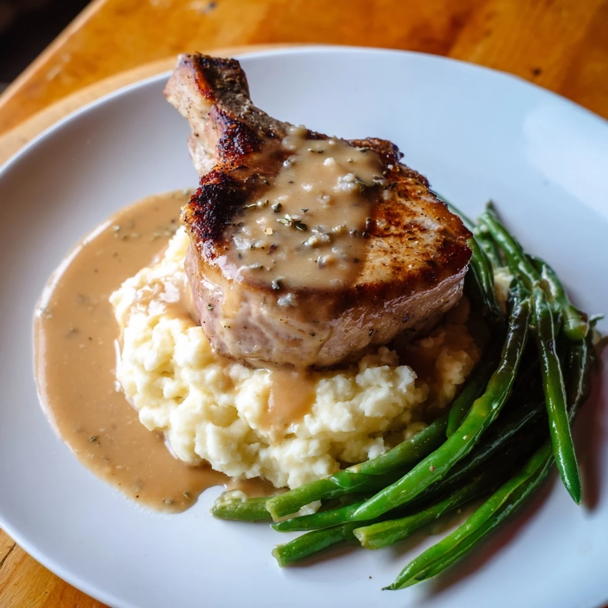 A savory Pork Chops & Cheddar Mash Bowl displays juicy seared pork chops and gravy over fluffy mashed potatoes.