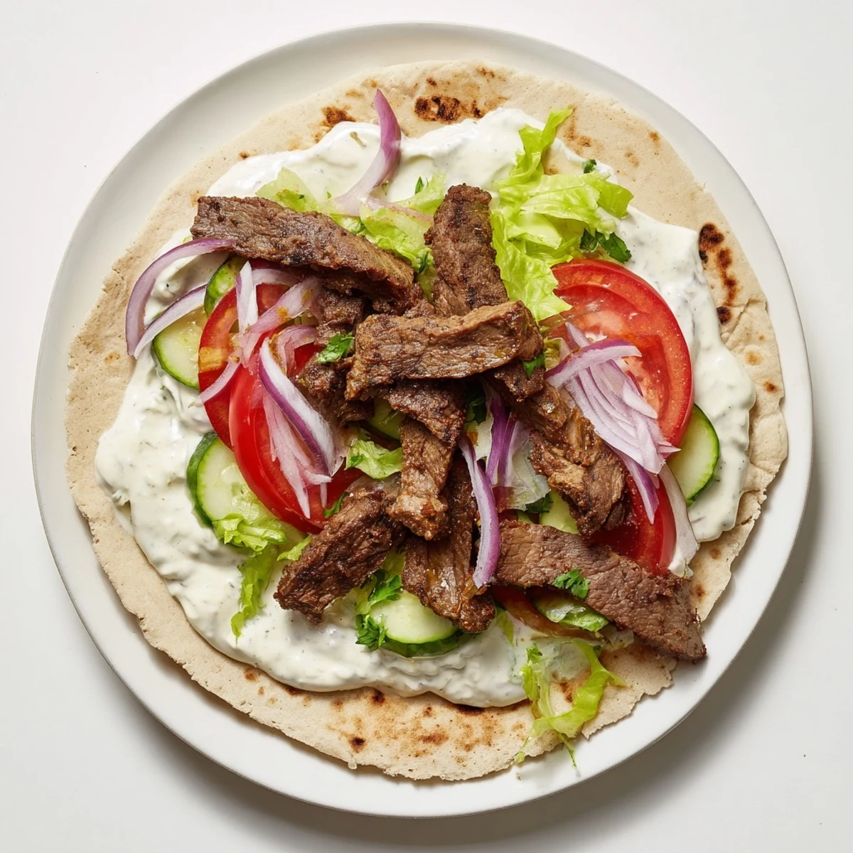 Sizzling beef shawarma wraps, a delicious Middle Eastern meal with vibrant veggies and creamy yogurt sauce.