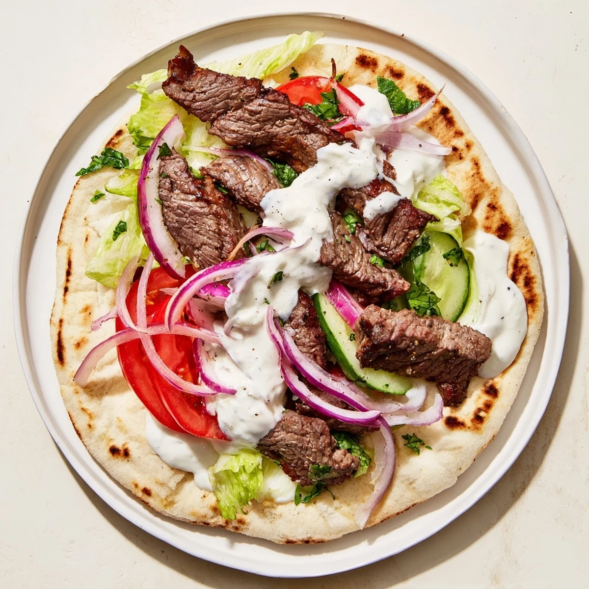 Picture flavorful beef shawarma wraps: tender meat with a fresh, cooling yogurt sauce, ready to eat.