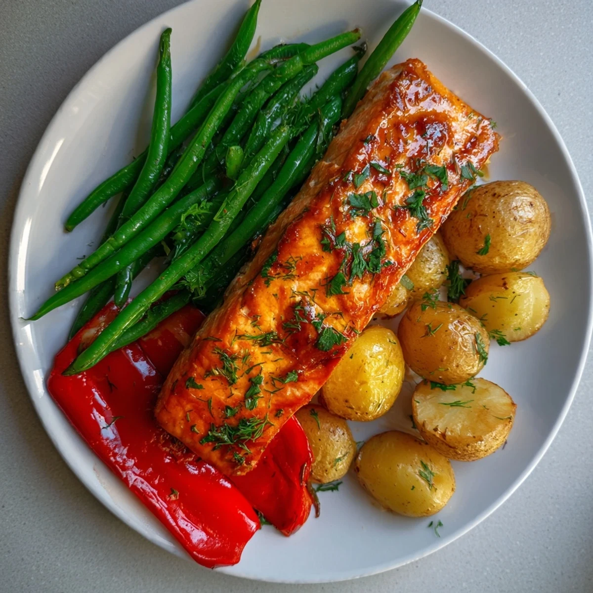 Golden, flaky Lemon Herb Salmon & Potato Sheet Pan with roasted vegetables, a comforting, healthy meal.