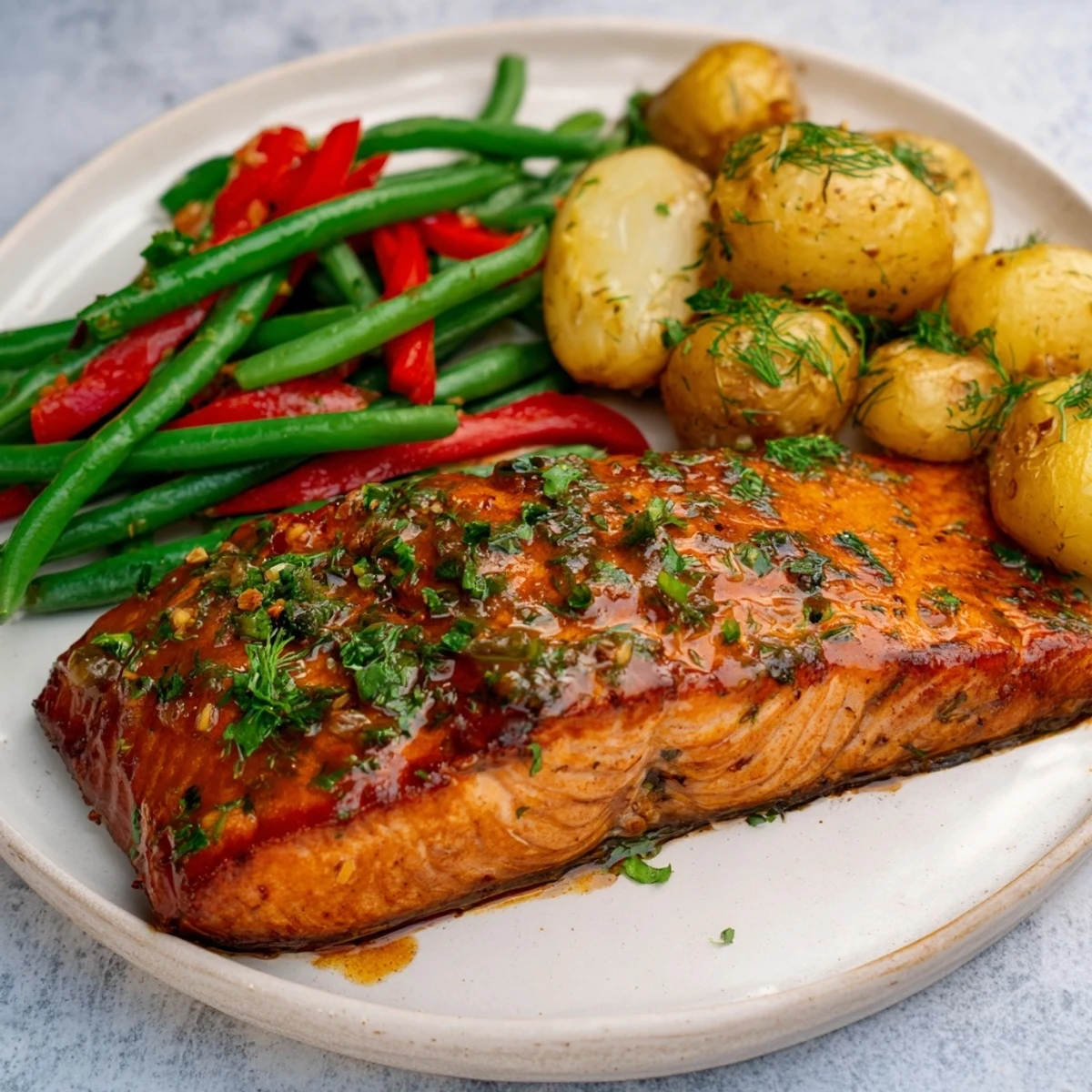 Succulent, marinated Lemon Herb Salmon & Potato Sheet Pan, the salmon glistening and potatoes perfectly browned, ready to eat.