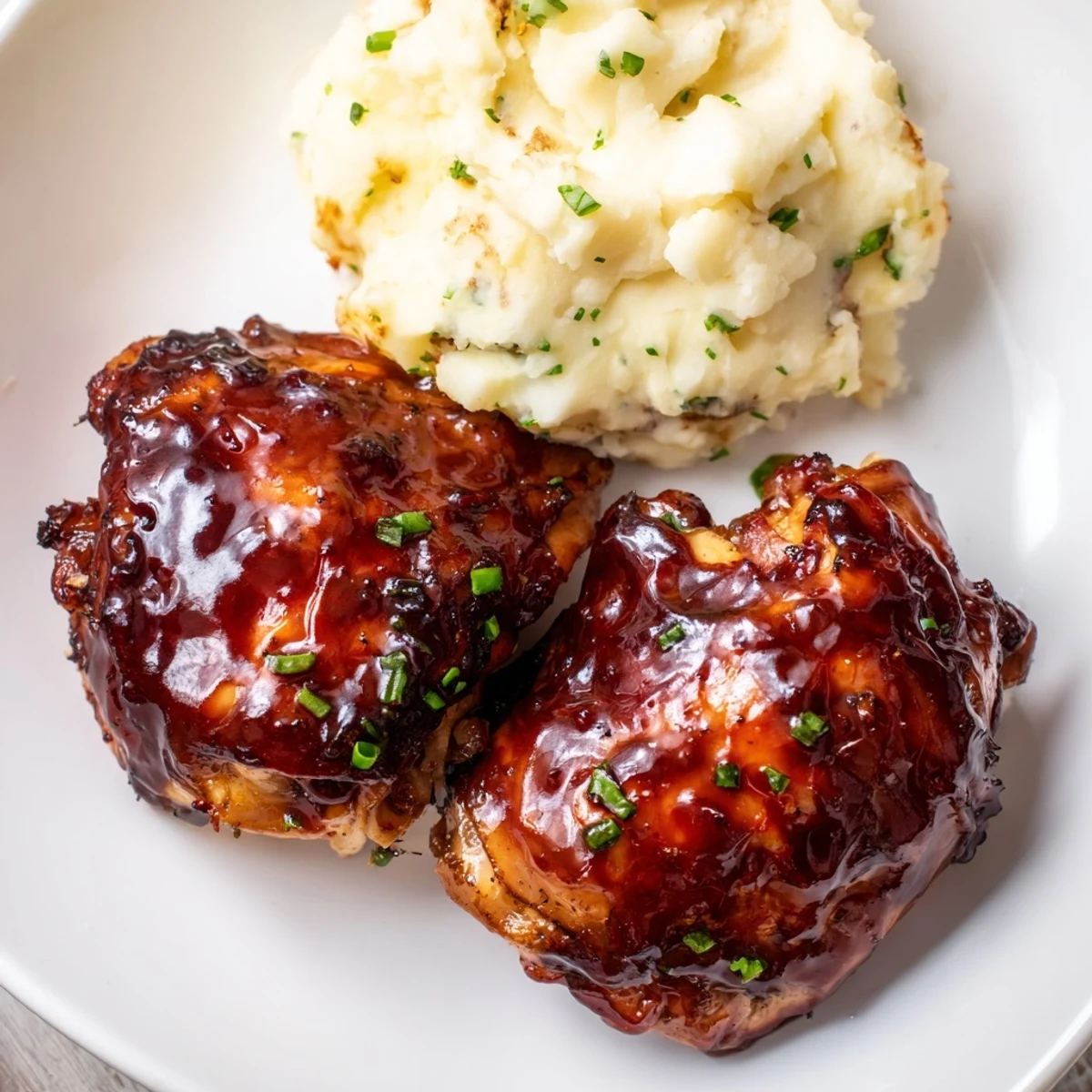 Honey BBQ chicken thighs glistening under a rich sauce, plated next to fluffy garlic mashed potatoes.