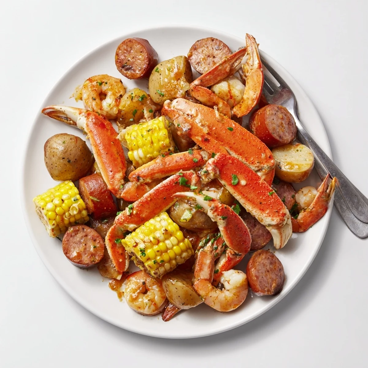 Aromatic Cajun spices coat the vibrant, cooked seafood boil, including crab legs and shrimp.