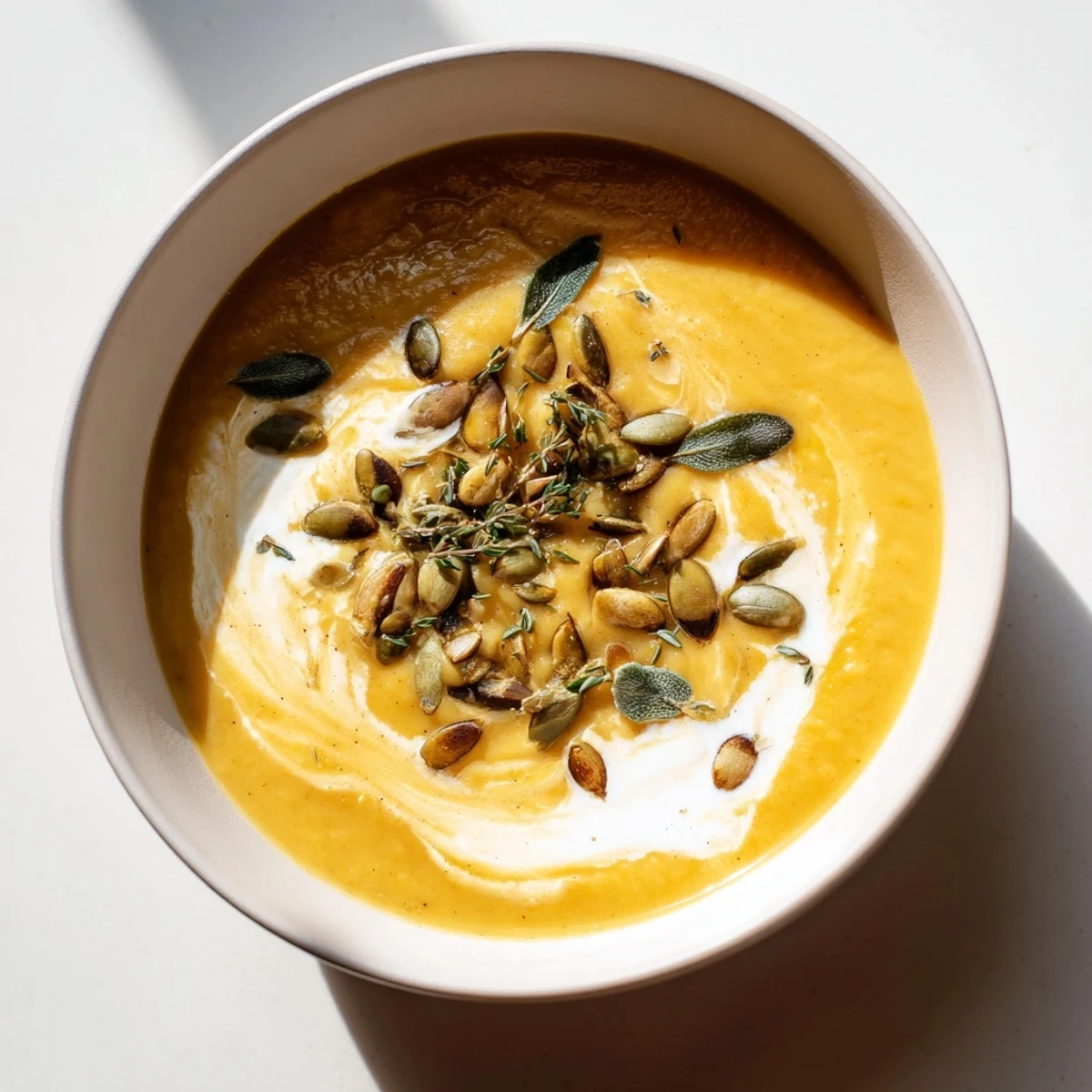 Golden, creamy roasted acorn squash soup, a comforting fall classic topped with herbs and a swirl of cream.