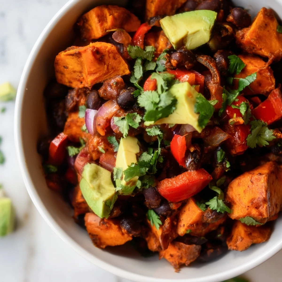 Steaming bowl of Sweet Potato & Black Bean Chili, garnished with cilantro, ready to eat.