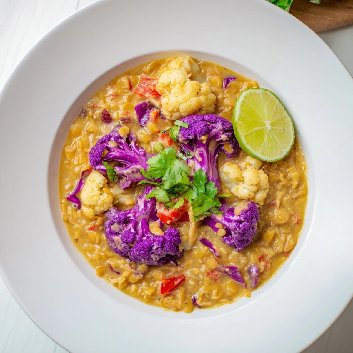 Steaming red cabbage and cauliflower dhal, a hearty vegetarian Indian-inspired meal bursting with flavor.