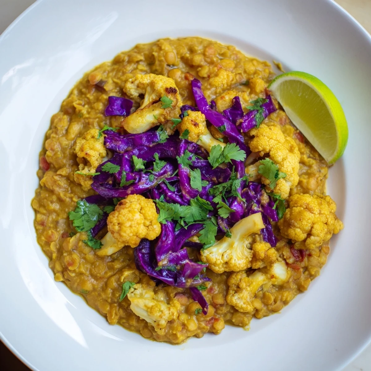 Fresh cilantro toppings complete this comforting bowl of vibrant red cabbage, cauliflower, and coconut dhal.