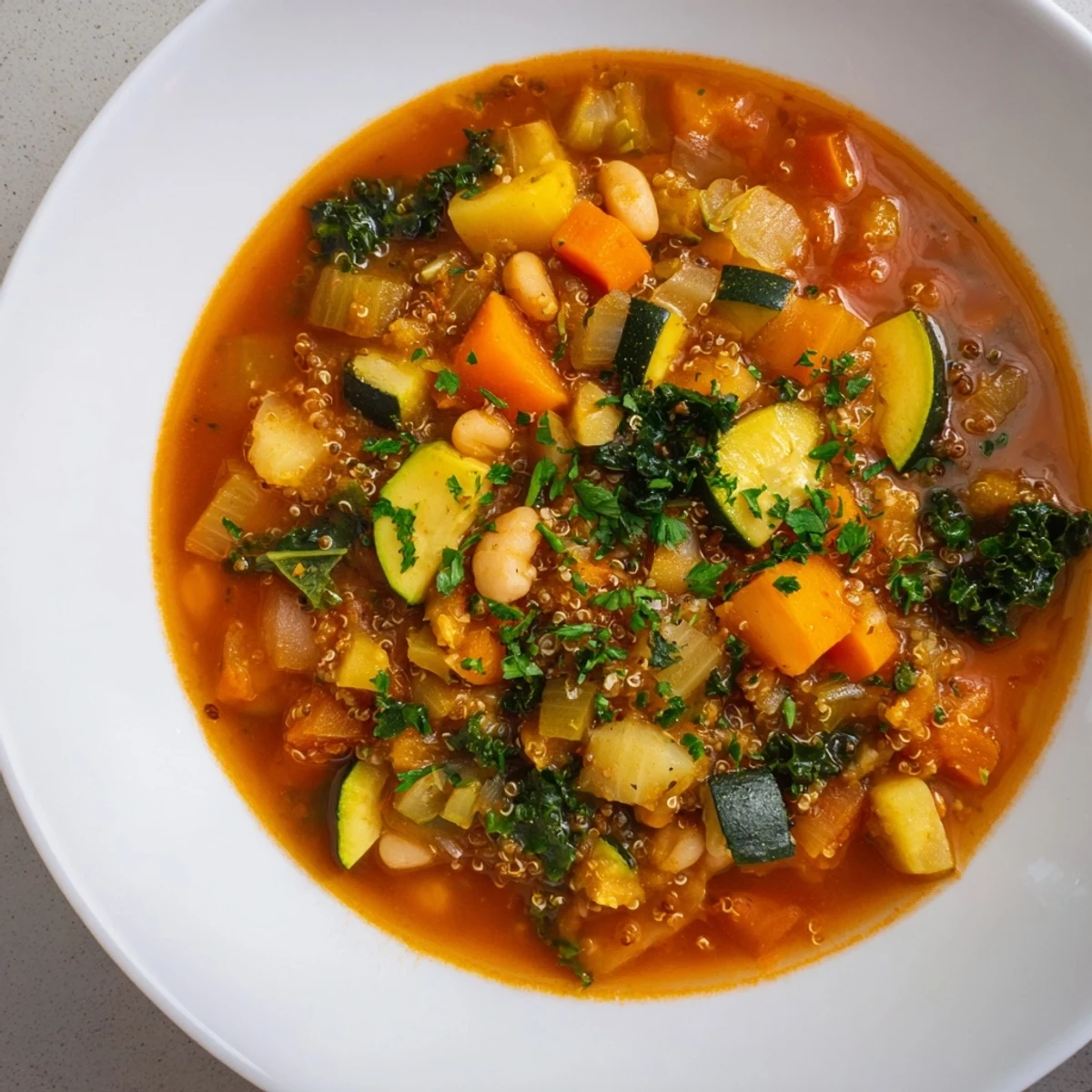 Hearty Minestrone with Quinoa, a vibrant vegetarian soup, perfect for a cold winter night meal.