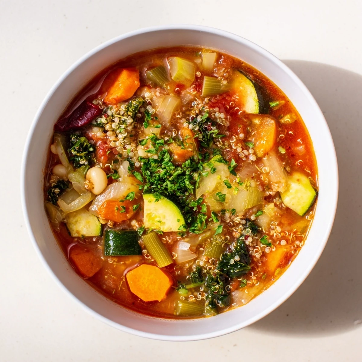 Close-up of a rustic bowl filled with hot Minestrone with Quinoa, ready to serve with Parmesan.