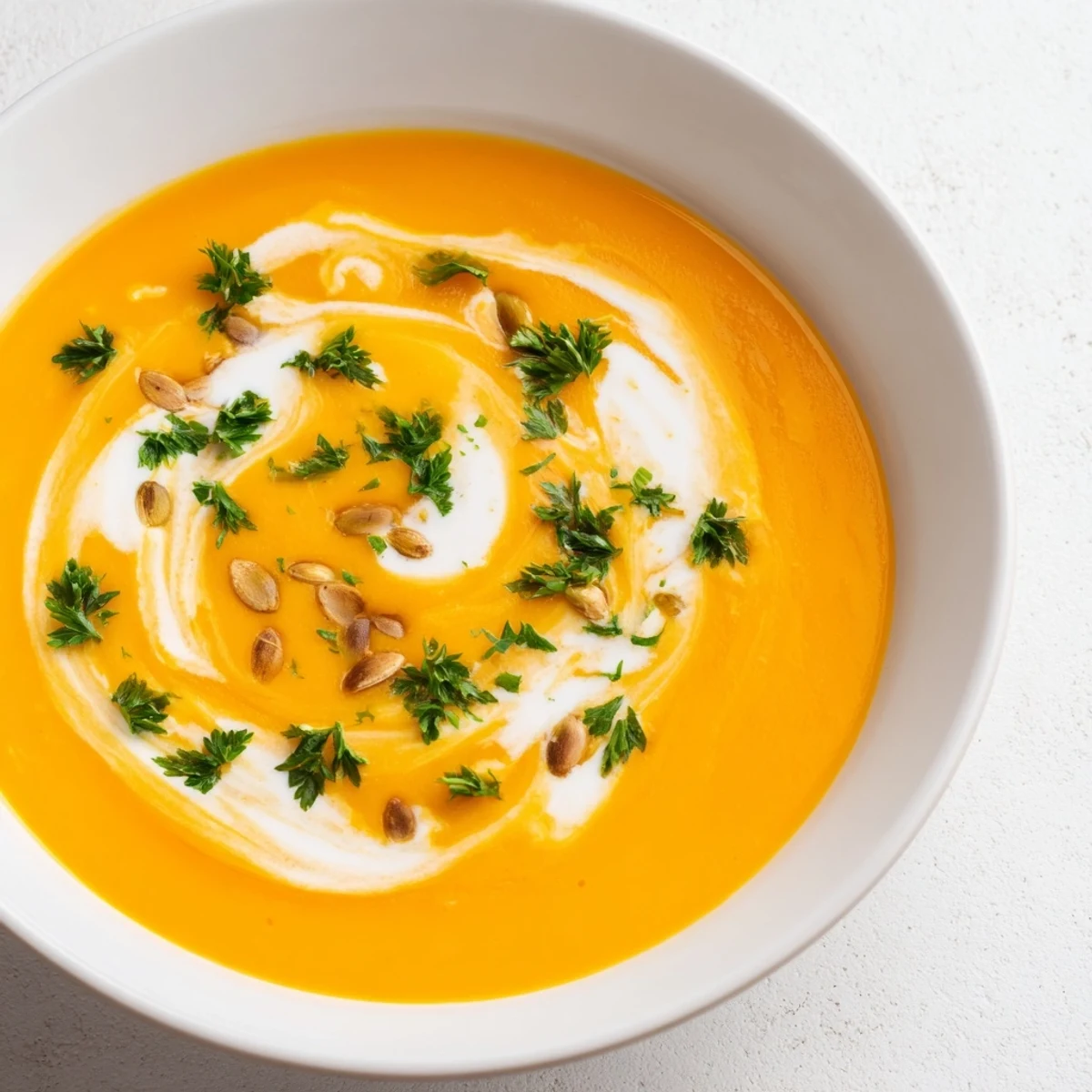 Creamy, vibrant butternut squash and pear soup, garnished with toasted seeds, ready to warm you.