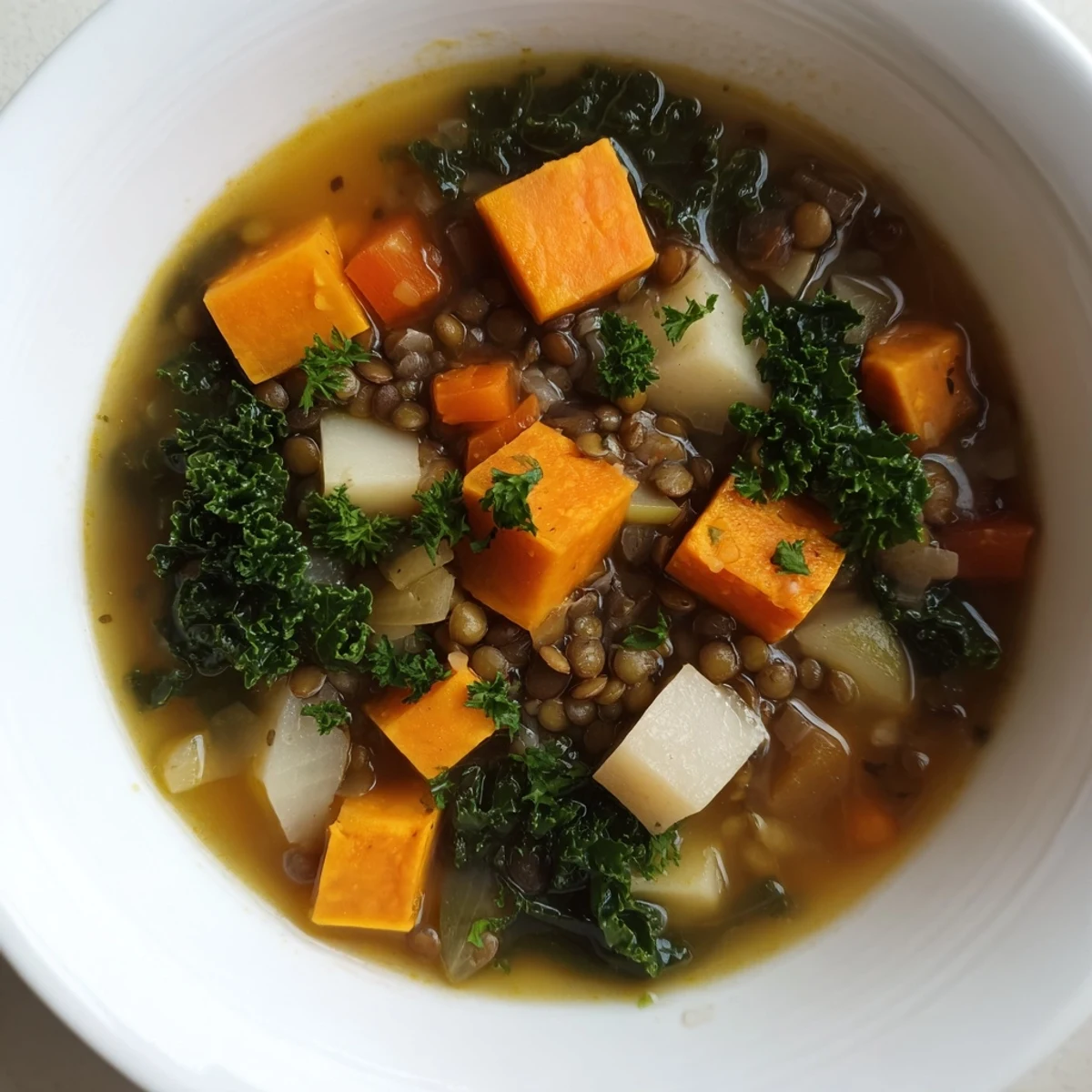 Steaming bowl of Winter Vegetable & Lentil Soup, full of colorful vegetables, perfect for a cozy dinner.
