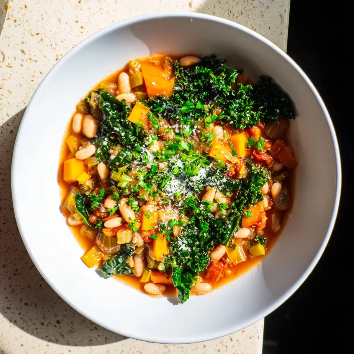 Enjoy a warm bowl of Italian Bean & Kale Stew, perfect with crusty bread for a flavorful dinner.