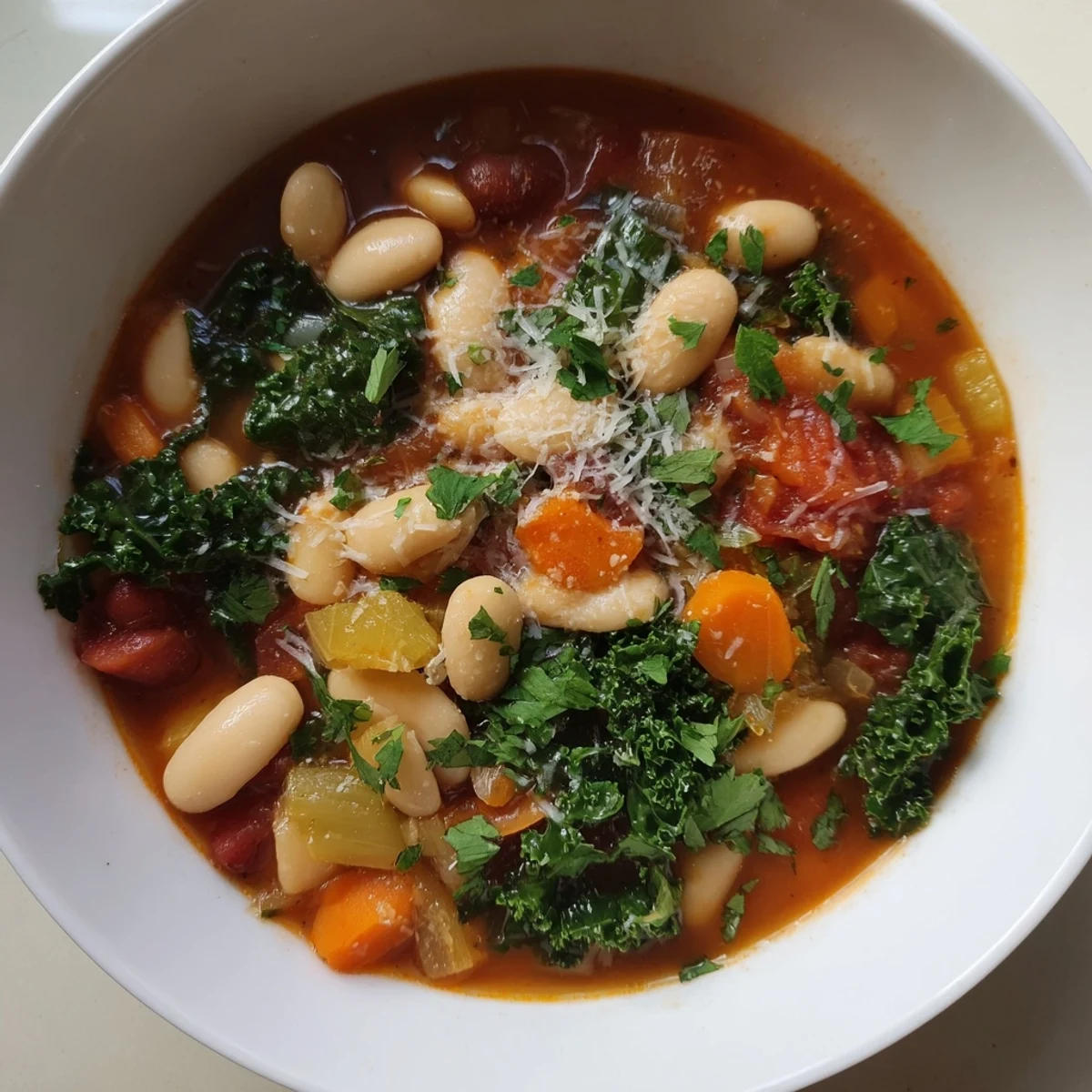 Close-up of the Italian Bean & Kale Stew, showing hearty beans, tender kale, with a sprinkle of herbs.