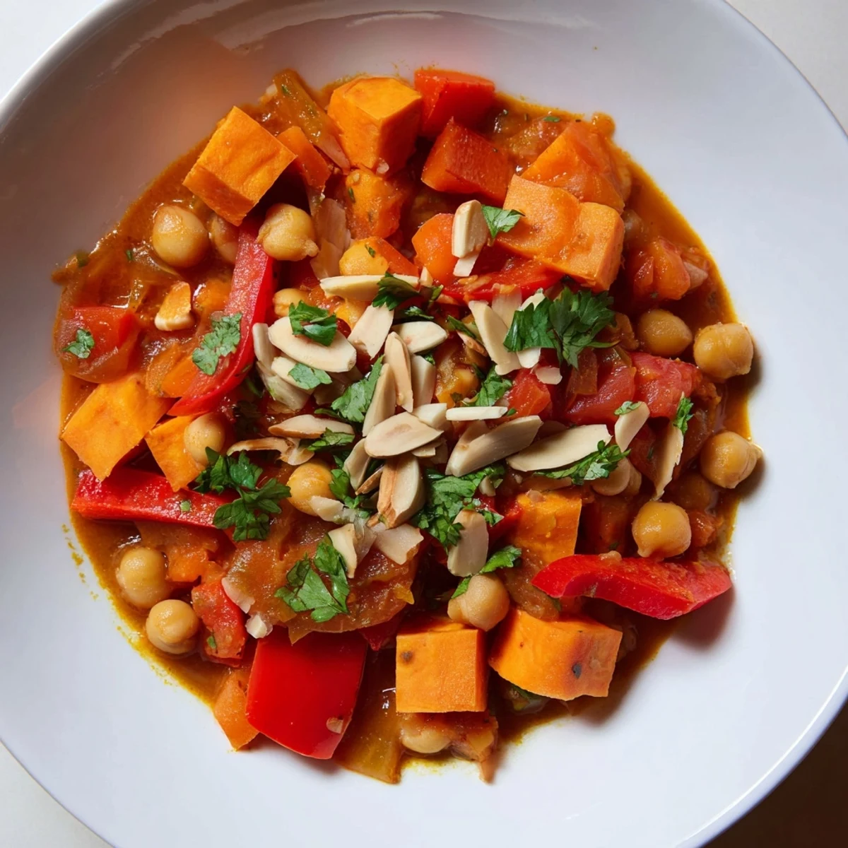 Hearty Moroccan Chickpea & Sweet Potato Tagine, served with fresh cilantro and lemon wedges, is ready to eat.