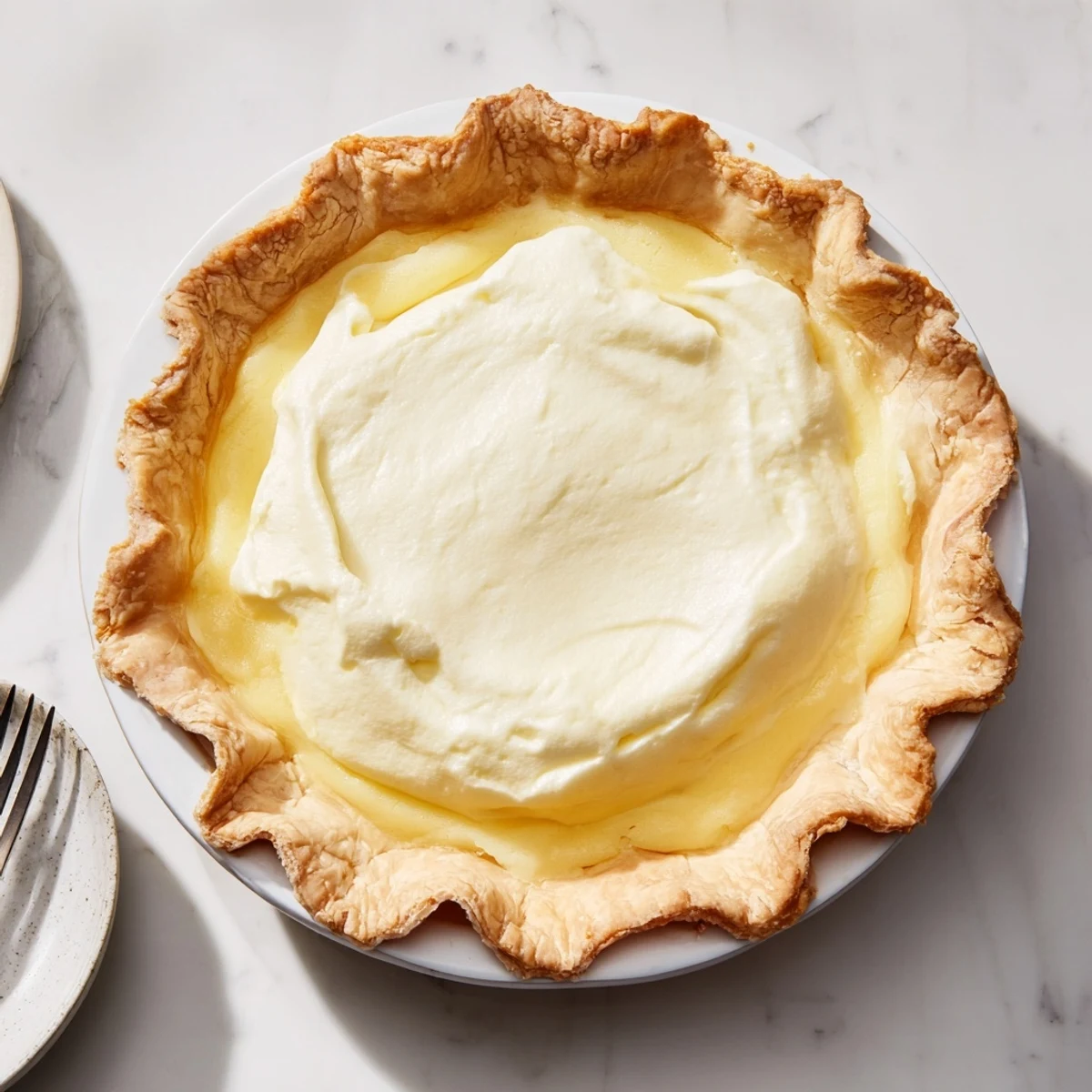 A slice of chilled Water Pie, boasting a creamy, vanilla-infused filling, perfect for summer.