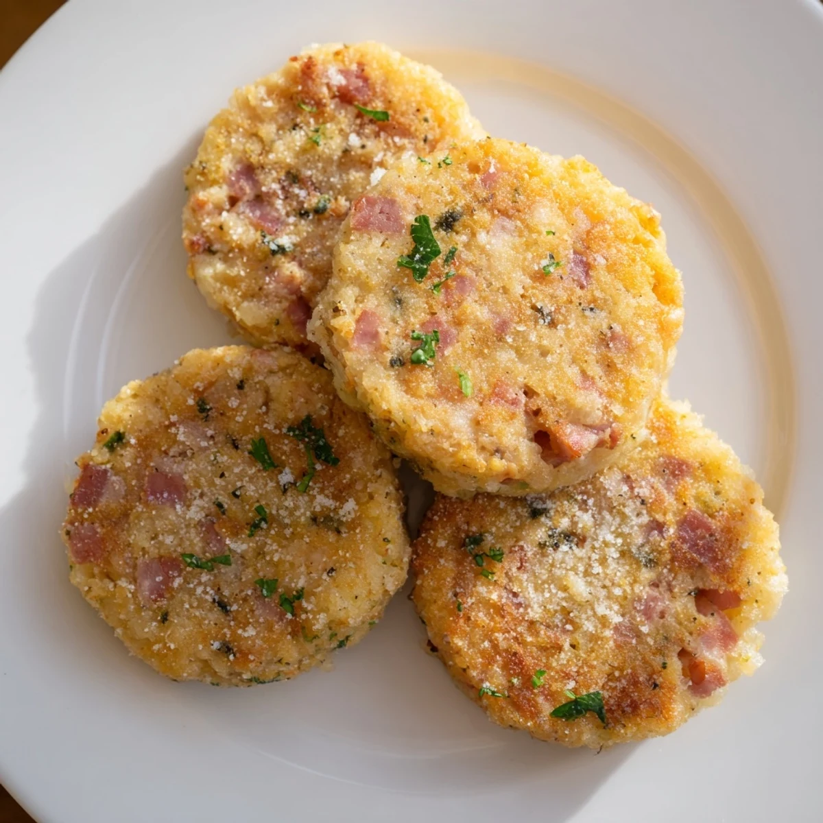 Golden-brown Depression-Era Ham & Potato Patties, crispy and delicious, ready to serve with a dipping sauce.