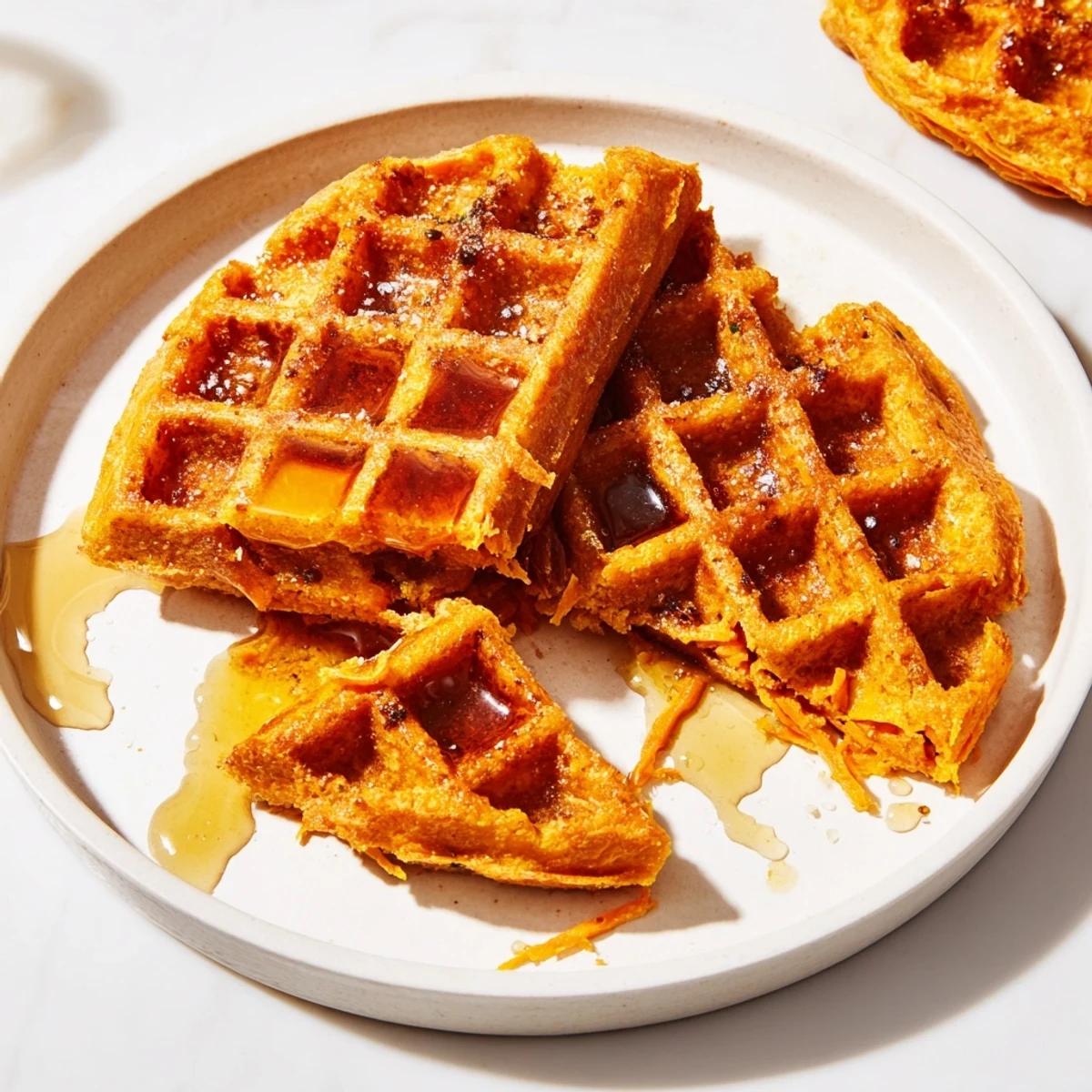 Delicious close-up of a sweet potato waffle, steaming, offering a hint of cinnamon scent.
