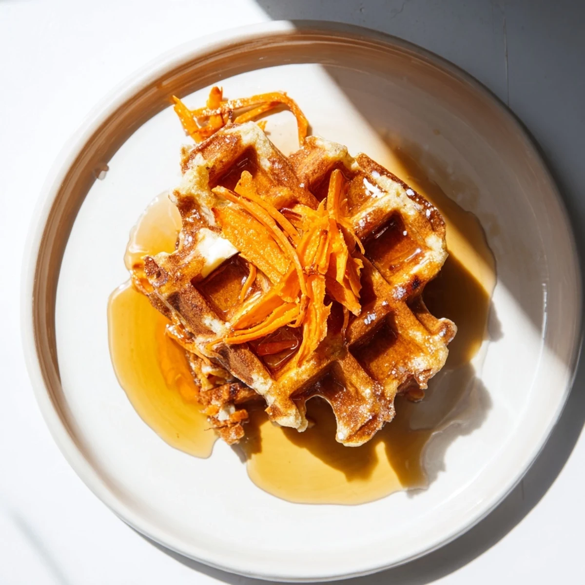Stack of warm and inviting sweet potato waffles, suggesting a perfect breakfast treat.