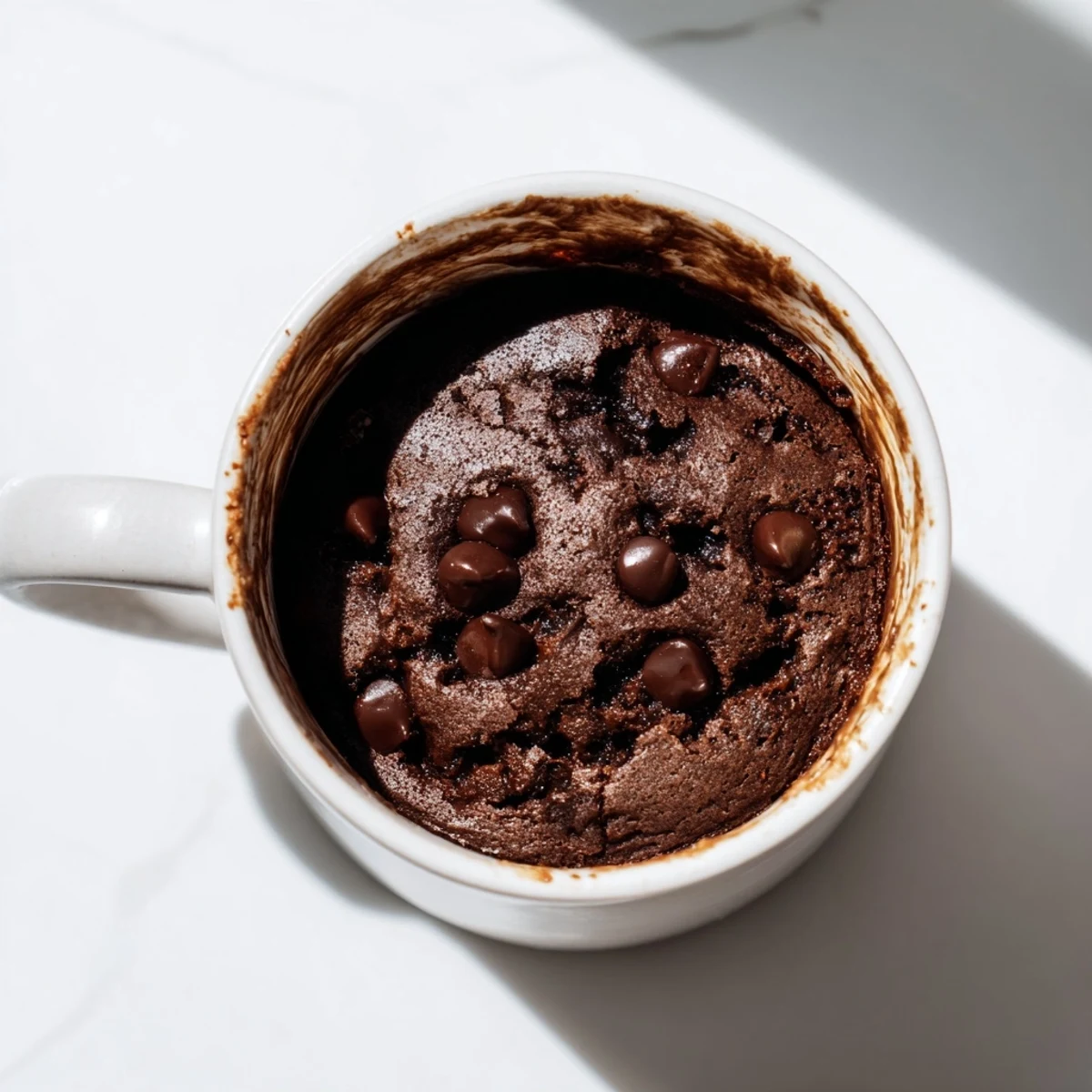 Close-up of a delightful microwaved mug cake, warm and comforting, an easy chocolate dessert.