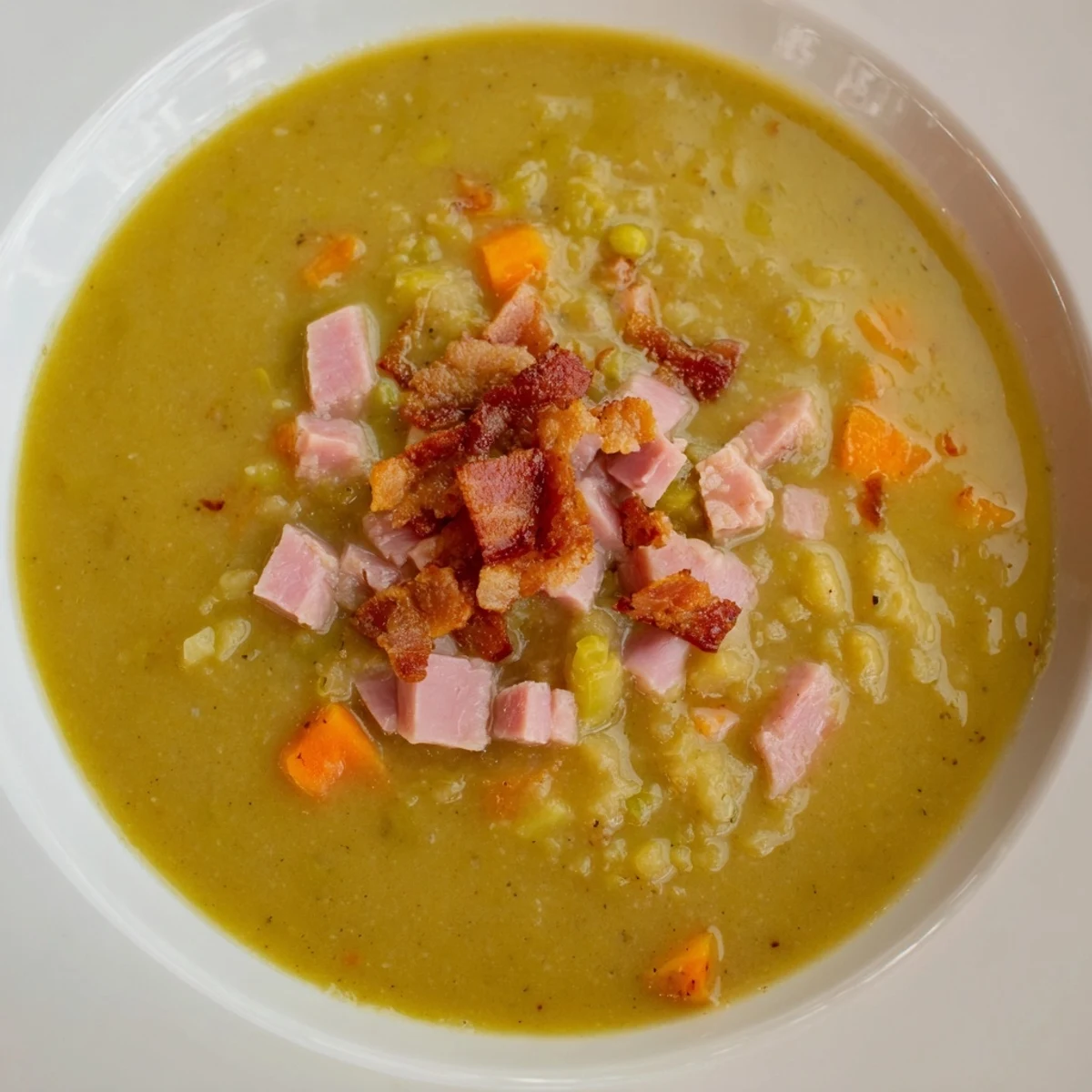 Steaming bowl of Split Pea Soup with canned ham, garnished with crispy bacon, ready to enjoy.