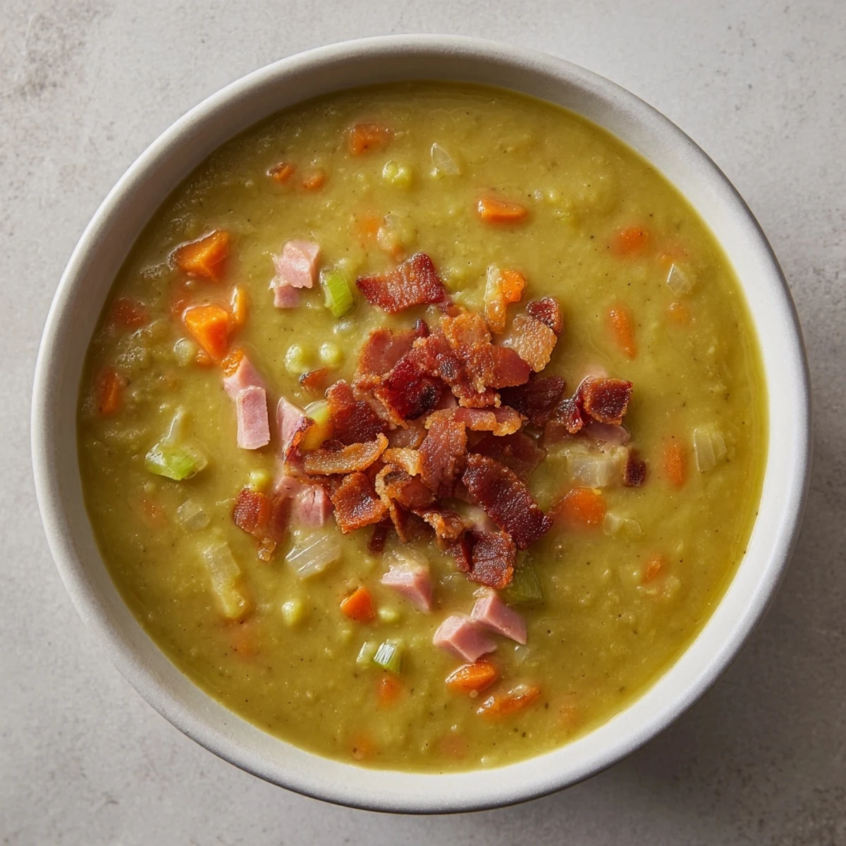 Warm, creamy Split Pea Soup with canned ham: a close-up of the hearty, flavorful broth.