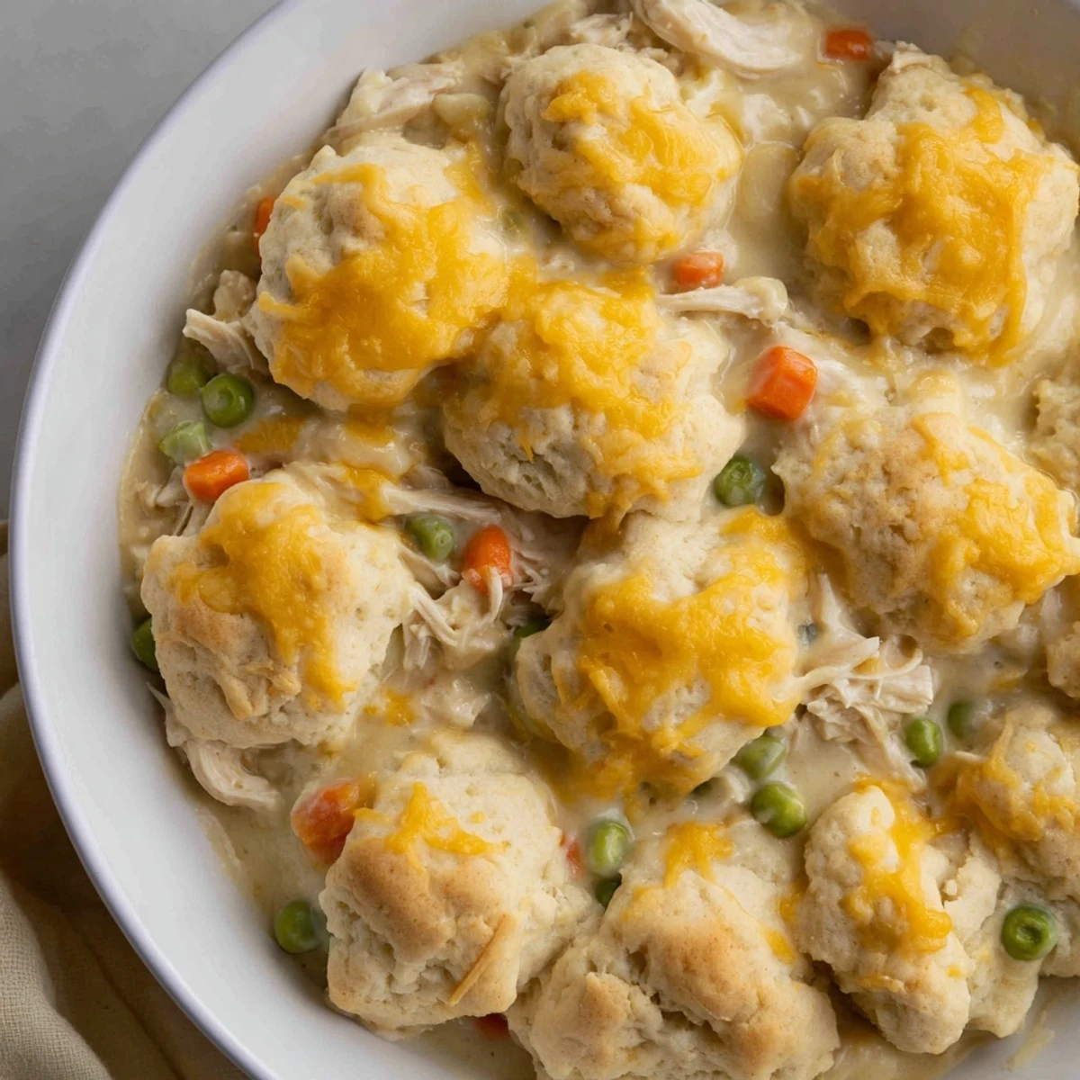 Golden, bubbling One-Pan Chicken Cobbler with a rich, creamy chicken filling and cheesy biscuit topping.