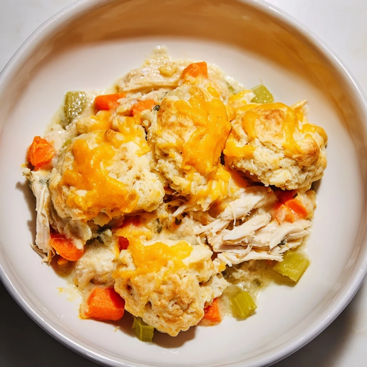 A close-up of a bubbling One-Pan Chicken Cobbler showcases its flaky cheddar biscuits and savory chicken.