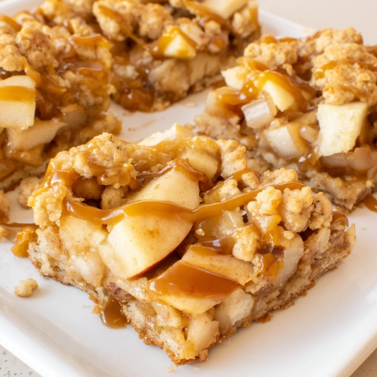 These warm Caramel Apple Cookie Bars showcase golden, crumbly topping and a sweet, baked apple interior.